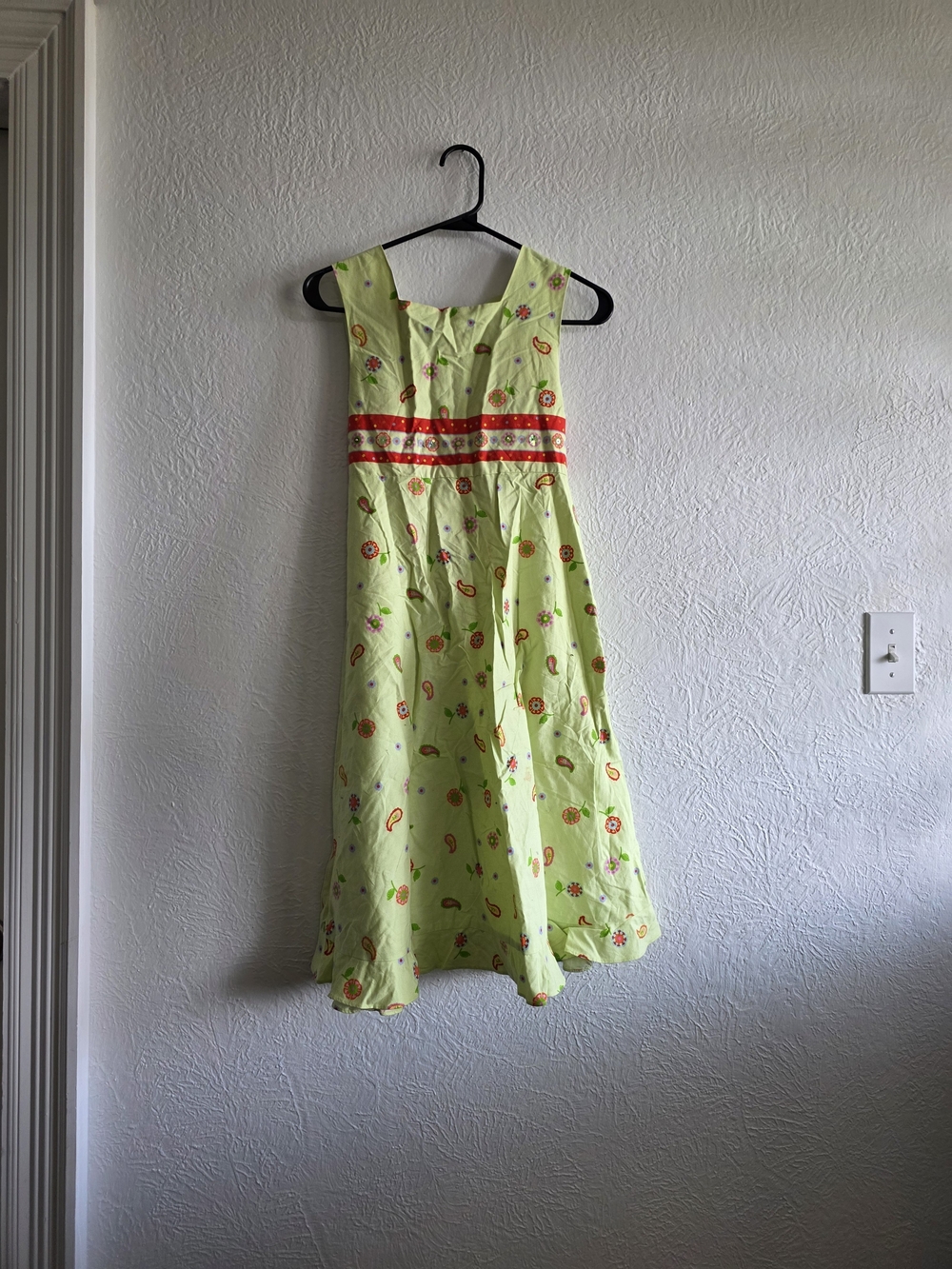 Cottagecore Lime Green Floral Midi Dress with Red Waist Trim